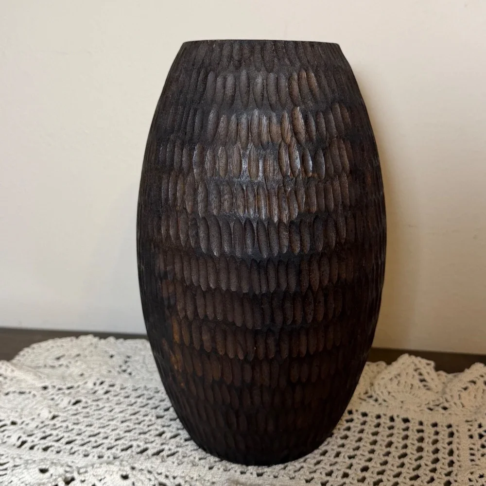 Hand Carved Dark Wood Vase Bevel Ovoid Rustic Boho Decorative Vessel 10 inch